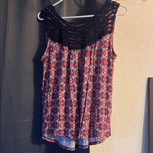 Loveappella Floral Tank with Black Lace Yoke